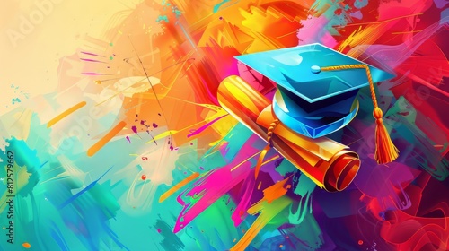 Abstract color background with a graduated cap and diploma illustration photo