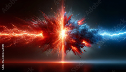 赤と青の雷. バーサス背景. Red and blue lightning. Versus background. AI generated.