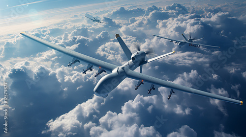 A fleet of unmanned combat aerial vehicles (UCAVs) patrols the skies, autonomously intercepting and neutralizing airborne threats as part of a modern air defense system, leveraging photo