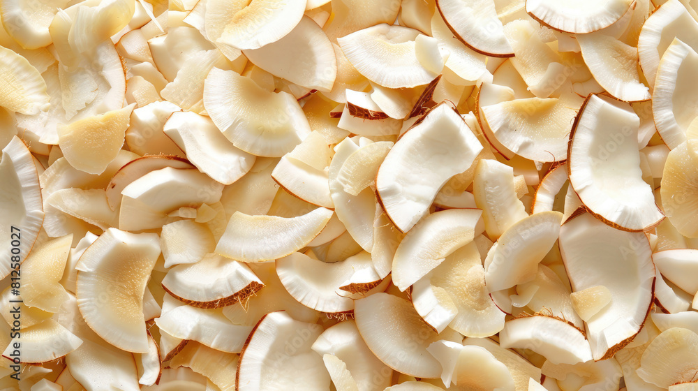 Coconut pieces are scattered across the background Coconut pieces are scattered across the background