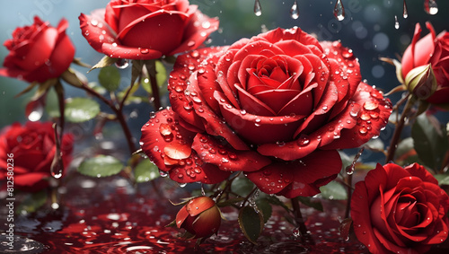 Fototapeta Naklejka Na Ścianę i Meble -  Water drops on a beautiful colorful rose flowers gardens background design wallpaper