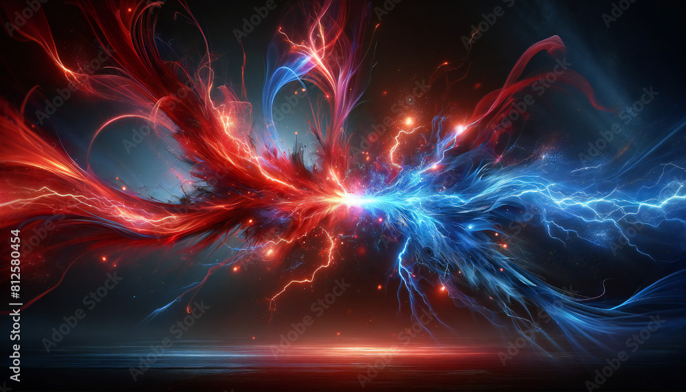 赤と青の雷. バーサス背景. Red and blue lightning. Versus background. AI generated. 赤と青の雷. バーサス背景. Red and blue lightning. Versus background. AI generated.