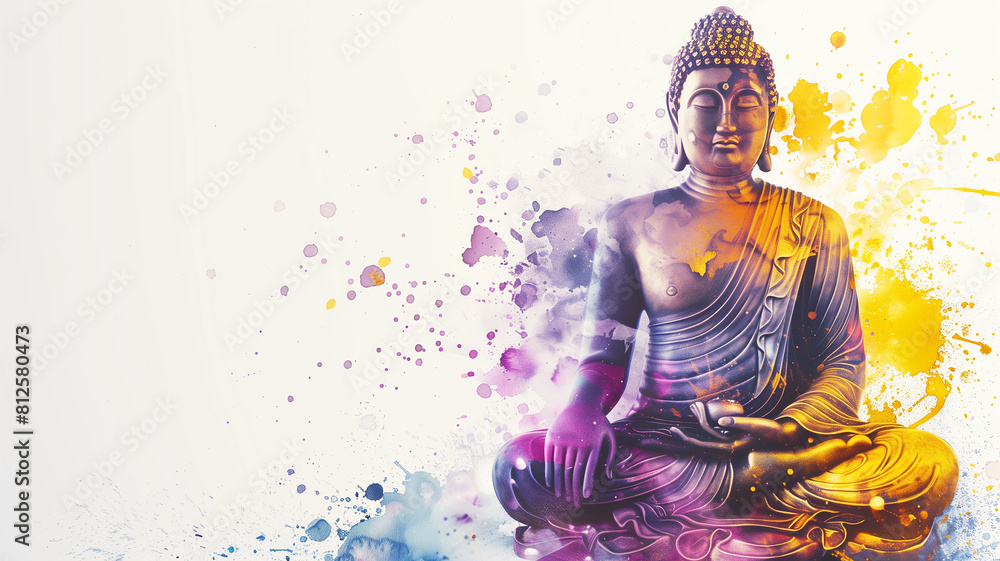 Obraz premium Happy Buddha Purnima, copy space, poster with a statue of a seated Buddha in watercolor style with splashes of paint. Buddha meditating on lotus position.