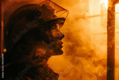 Unobscured person wearing safety gear appears through golden-hued smoke, suggestive of a hazardous environment photo