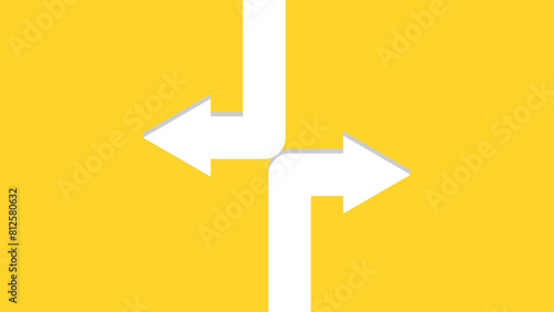 Two white arrows centered on a yellow background. One arrow goes down and turns left, the other goes up and turns right.