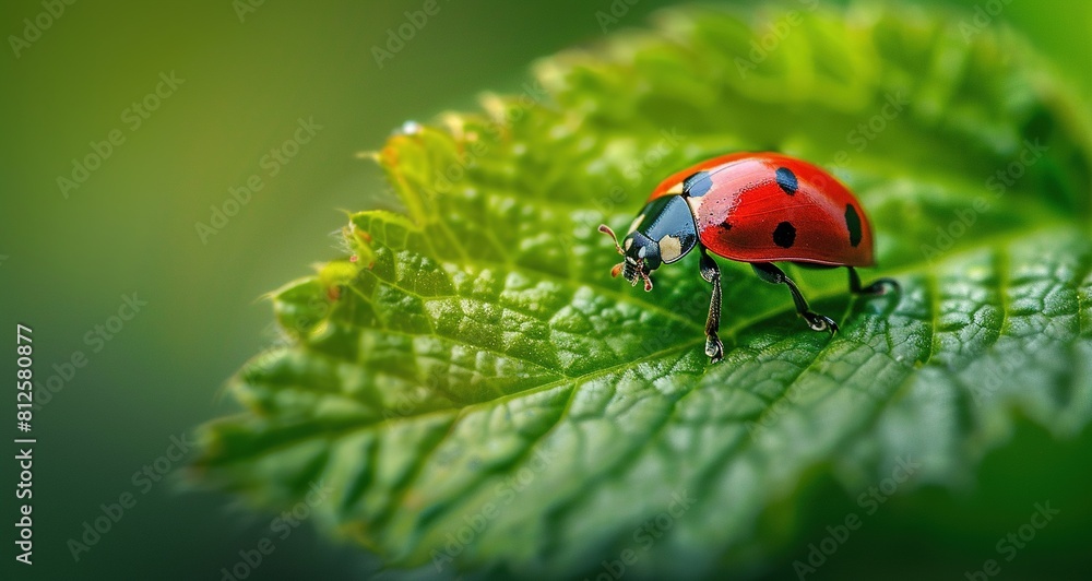 A closeup of the red ladybug on a green leaf. A closeup of the red ladybug on a green leaf.