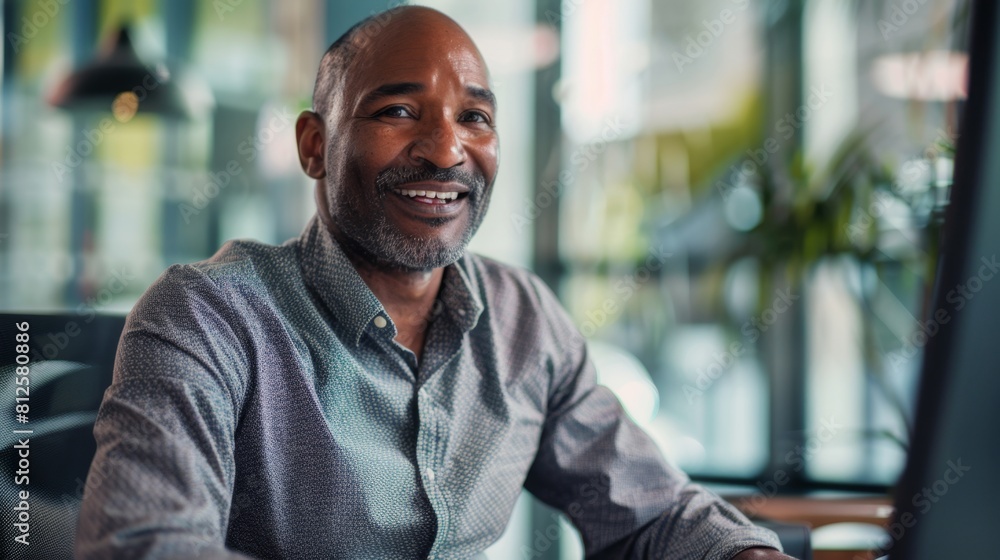 Smiling man with gray beard and hair wearing a blue button-up shirt sitting ata desk with a blurred background of a modern office. Smiling man with gray beard and hair wearing a blue button-up shirt sitting ata desk with a blurred background of a modern office.