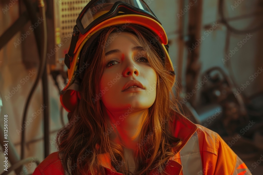 Portrait of a young woman firefighter with reflective mood lighting and a contemplative look