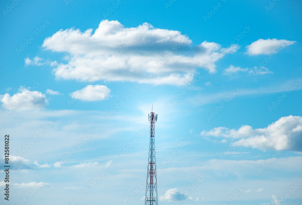 Communication and Antenna telecommunications on sky and big clouds background,Beautiful gradient sky and clouds with sunrise,Concept of communication and data transmission,future 5G wireless. Communication and Antenna telecommunications on sky and big clouds background,Beautiful gradient sky and clouds with sunrise,Concept of communication and data transmission,future 5G wireless.
