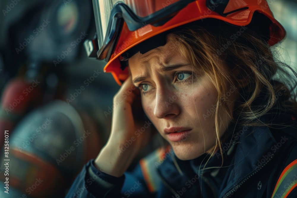 Shows a concerned young firefighter with her hand on her helmet, embodying a moment of stress and empathy