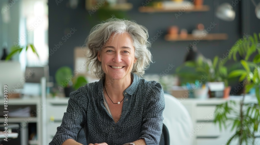 Smiling woman with gray hair wearing a blue shirt sitting ata desk in a modern office with plants and shelves in the background. Smiling woman with gray hair wearing a blue shirt sitting ata desk in a modern office with plants and shelves in the background.