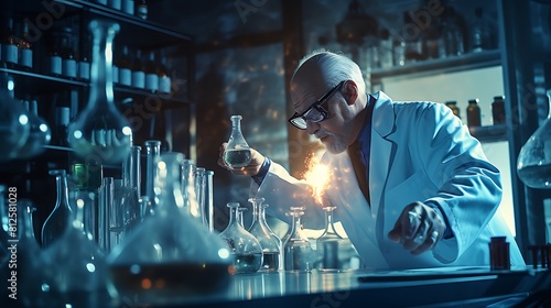 A scientist in a white lab coat pouring liquid into a flask, conducting experiments in a chemistry lab.