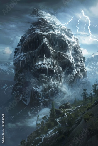 Mystical Mountain Shaped Like a Skull with Lightning 