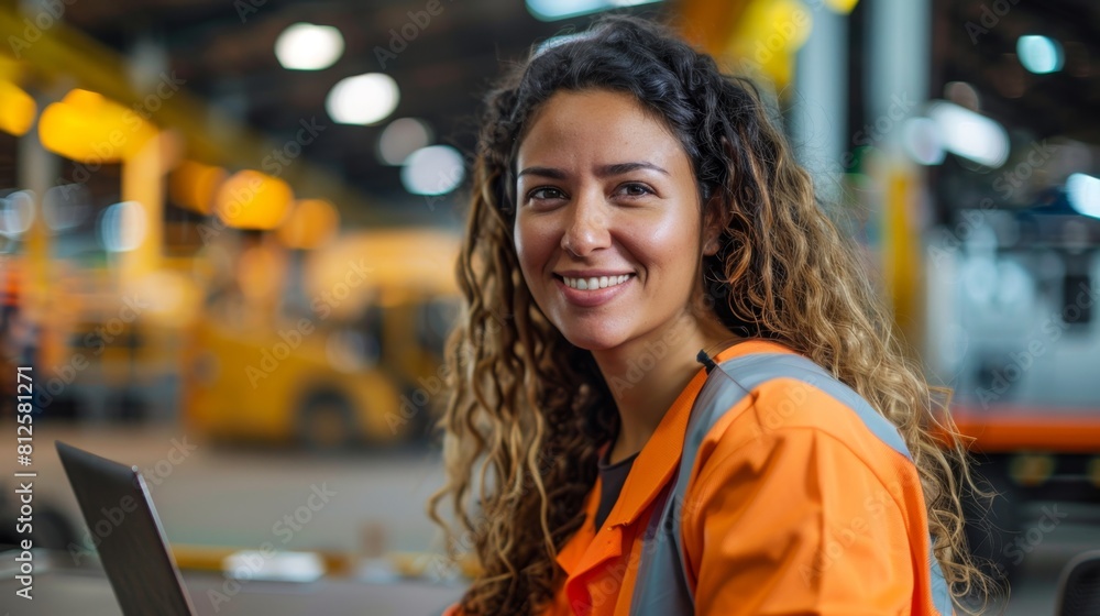 A smiling woman in an orange safety vest sitting at a desk with a laptop in a warehouse setting with industrial equipment in the background. A smiling woman in an orange safety vest sitting at a desk with a laptop in a warehouse setting with industrial equipment in the background.