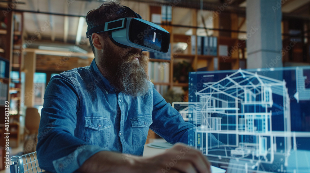 Bearded male architect using virtual reality headset to visualize and ...