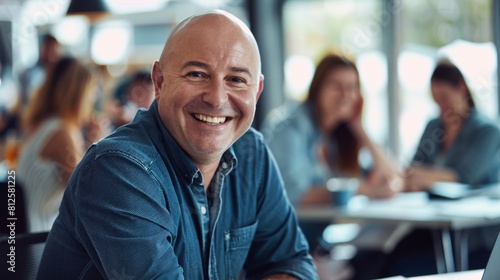 Smiling bald man in blue shirt sitting at a table in a cafe or restaurant surrounded by blurred people suggesting a social or business setting.