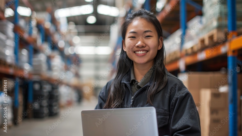 Young woman with long dark hair smiling and holding a laptop standing in a warehouse with metal shelving and boxes in the background. Young woman with long dark hair smiling and holding a laptop standing in a warehouse with metal shelving and boxes in the background.