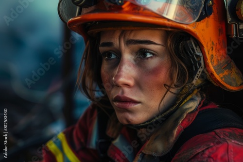 A close-up of a firefighter with a helmet and protective clothing, displaying a concerned expression on her face