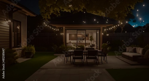Backyard house exterior with patio area and lights at night photo