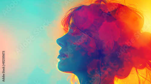 A woman s face is shown in a colorful  abstract style