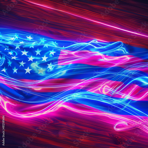 Hot pink and bright blue bring a modern twist  the USA flag on an ash wood panel. photo