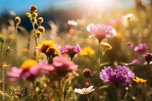 A sunlit meadow dotted with colorful wildflowers, bees buzzing busily from bloom to bloom. 