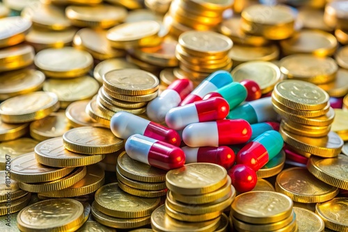 medicine pills on a pile of gold coins. Healthcare cost and profit concept