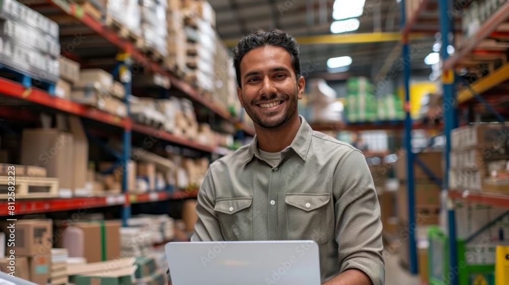 Fototapeta premium Smiling man in warehouse wearing button-up shirt using laptop surrounded by shelves with boxes and products.