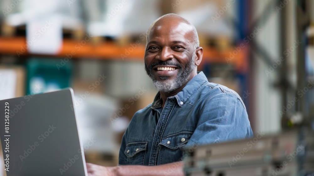 Smiling man in blue denim shirt holding laptop in industrial setting. Smiling man in blue denim shirt holding laptop in industrial setting.