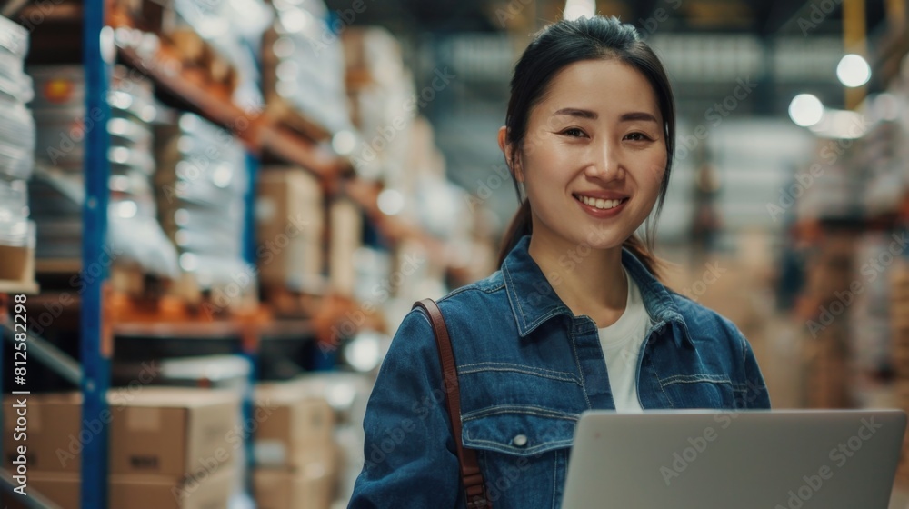 Smiling woman in blue denim jacket working on laptop in industrial warehouse setting. Smiling woman in blue denim jacket working on laptop in industrial warehouse setting.