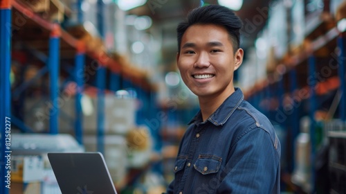 Young man in blue denim shirt smiling standing in front of shelves in a warehouse holding a laptop.