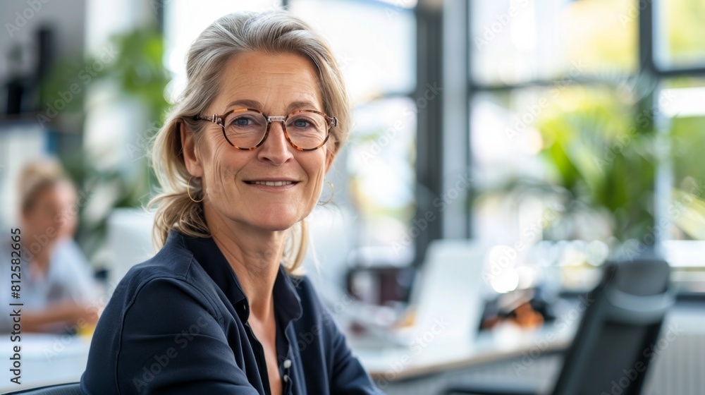 A woman with short blonde hair wearing glasses smiling at the camera sitting in an office with a blurred background of a window and greenery. A woman with short blonde hair wearing glasses smiling at the camera sitting in an office with a blurred background of a window and greenery.