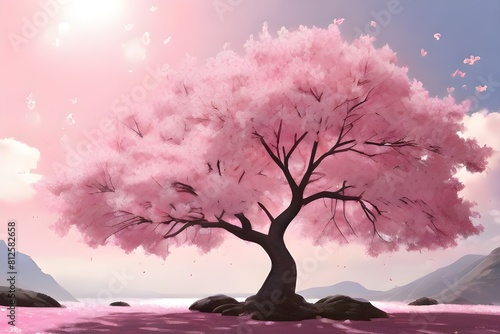 Sunlight filtering through the branches of a cherry blossom tree in full bloom, creating a dreamy pink canopy.  © Rabaila