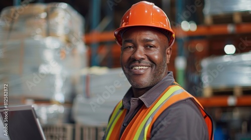 Smiling man in safety gear including orange hard hat and high-visibility vest standing in industrial setting with metal coils and crates in background. © iuricazac