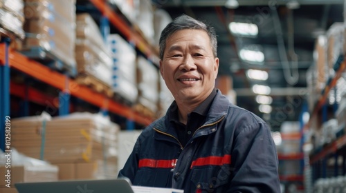 A man in a blue jacket with red stripes smiling at the camera standing in a warehouse with shelves of boxes in the background.