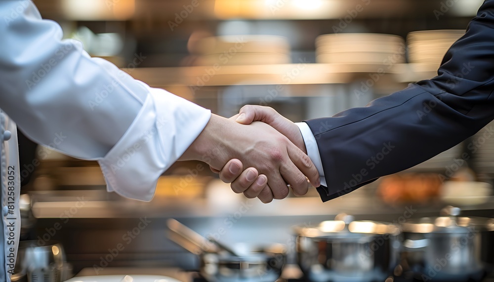close up shot chef shaking hands with business man in kitchen background close up shot chef shaking hands with business man in kitchen background