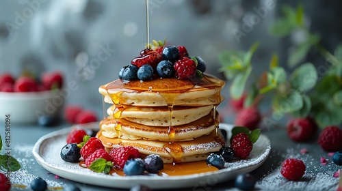 A creative breakfast setup with pancakes stacked like a tower, dripping with maple syrup and surrounded by a circle of assorted berries