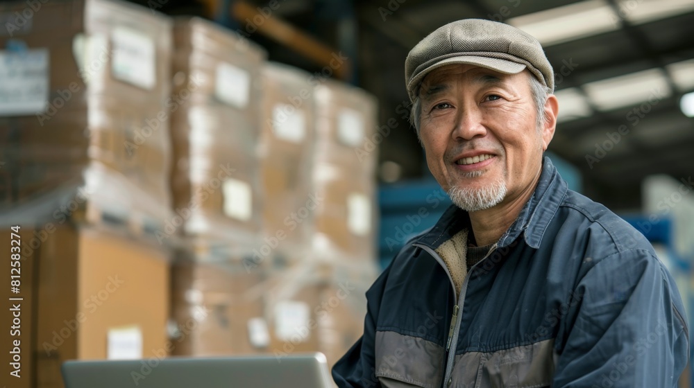 Smiling man in cap and jacket seated in front of laptop surrounded by stacked boxes in warehouse setting. Smiling man in cap and jacket seated in front of laptop surrounded by stacked boxes in warehouse setting.