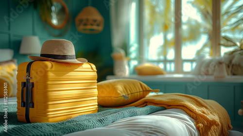Yellow suitcase in cozy bedroom.
