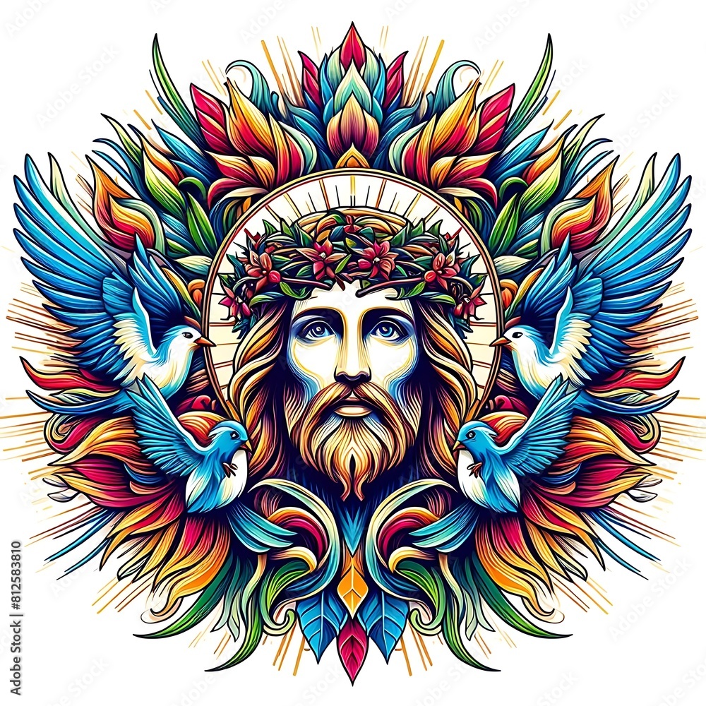 A colorful artwork of a jesus christ with a beard and birds image photo card design illustrator.