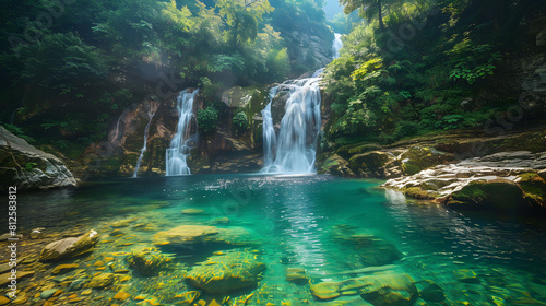 Summer adventure beauty  Waterfall cascading into crystal-clear pool.