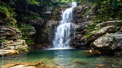 Waterfall cascading into crystal-clear pool  Summer adventure beauty.