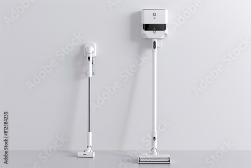 A versatile stick vacuum cleaner with a detachable handheld unit and a wall-mounted charging dock isolated on a solid white background. photo
