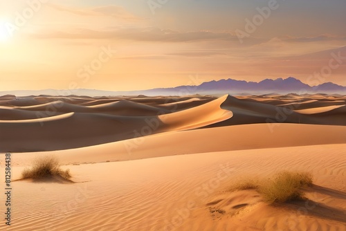 A serene desert landscape bathed in the warm light of the setting sun  with sand dunes stretching towards the horizon. 
