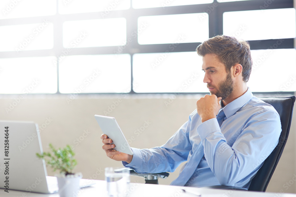 Business, thinking and man with tablet, ideas or opportunity with decision, choice or laptop. Person, financial advisor or employee with tech, thoughts or problem solving with solution or digital app Business, thinking and man with tablet, ideas or opportunity with decision, choice or laptop. Person, financial advisor or employee with tech, thoughts or problem solving with solution or digital app