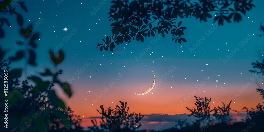 Elegant summer night with a clear sky, twinkling stars, and a crescent moon. Elegant summer night with a clear sky, twinkling stars, and a crescent moon.