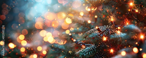 The photo shows a close-up of a Christmas tree with its lights out of focus in the background. The tree is decorated with ornaments and tinsel. The photo is warm and inviting.