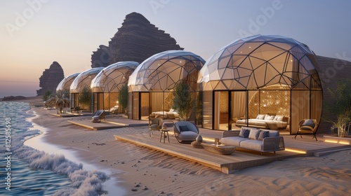 Luxury geodesic dome tents in desert oasis under starry twilight sky for ultimate camping experience photo