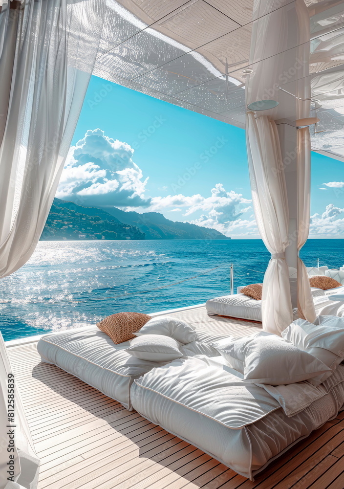 Chic summer yacht deck with flowing white curtains and ocean view.