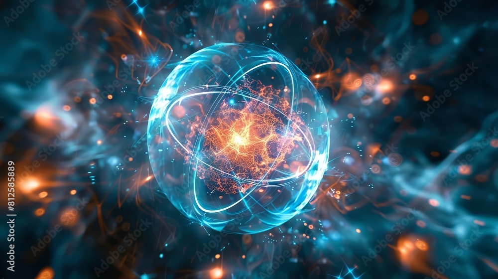 Visualize a complex diagram illustrating the behavior of particles at the quantum level, with electrons orbiting a nucleus Visualize a complex diagram illustrating the behavior of particles at the quantum level, with electrons orbiting a nucleus